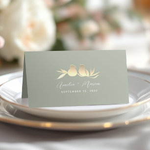 Sage Green Gold Love Birds Wedding Place Card