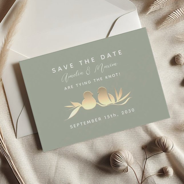 Sage Green Gold Love Birds Wedding Save The Date (Creator Uploaded)