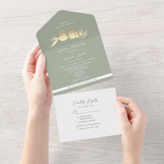 Sage Green Gold Lovebirds Wedding All In One Invitation (Tearaway)