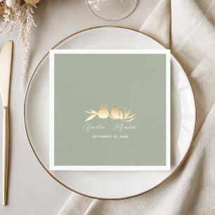 Sage Green Gold Lovebirds Wedding Napkins