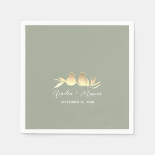 Sage Green Gold Lovebirds Wedding Napkins