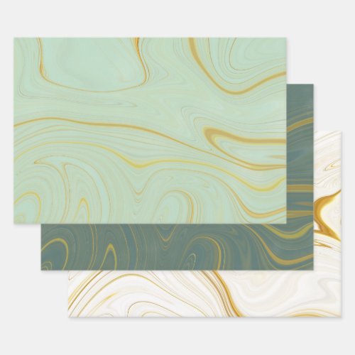 Sage Green Gold Marble Agate Glitter Wrapping Paper Sheets