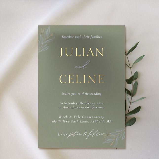 Sage Green Gold Minimalist Greenery Gold Wedding Foil Invitation (sage green wedding invitation gold foil minimalist greenery modern classic simple clean elegant luxe)