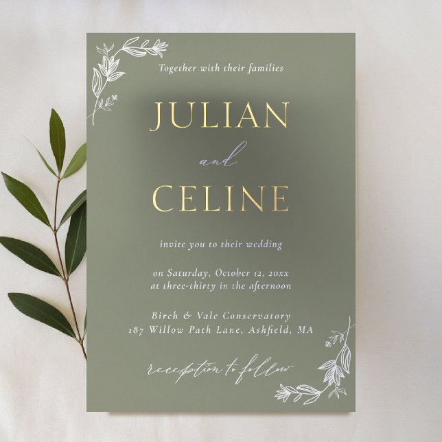 Sage Green Gold Minimalist White Greenery Wedding Foil Invitation (sage green wedding invitation gold foil minimal white greenery modern classic simple clean elegant)