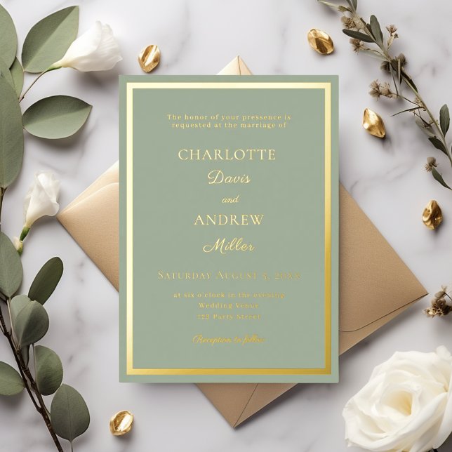 Sage green gold modern minimalist luxury wedding foil invitation (Creator Uploaded)