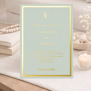 Sage green gold modern monogram luxury wedding foil invitation