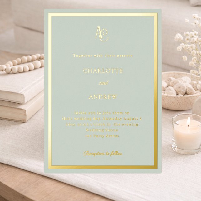 Sage green gold modern monogram luxury wedding foil invitation (Creator Uploaded)