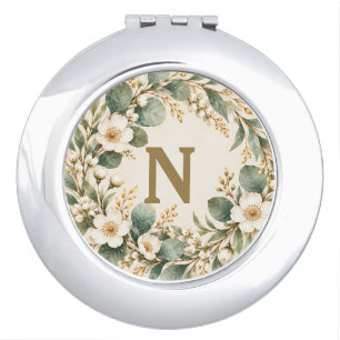 Sage Green Gold Monogram Compact Mirror