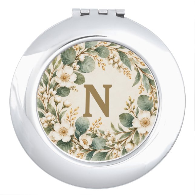 Sage Green Gold Monogram Compact Mirror (Front)