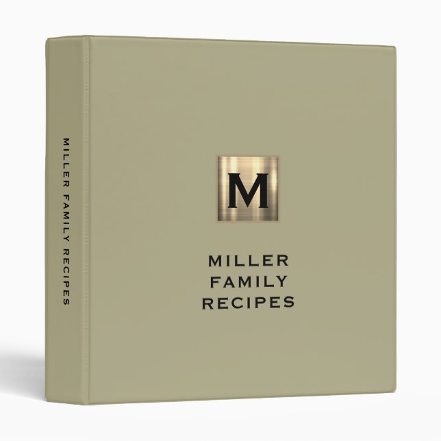Sage Green Gold Monogram Family Recipe 3 Ring Binder (Front/Spine)