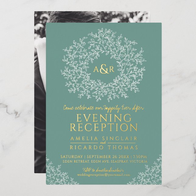 Sage green gold monogram wedding reception photo foil invitation (Front/Back)