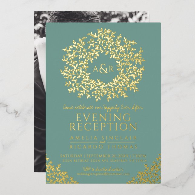 Sage green gold monogram wedding reception photo foil invitation (Front/Back)