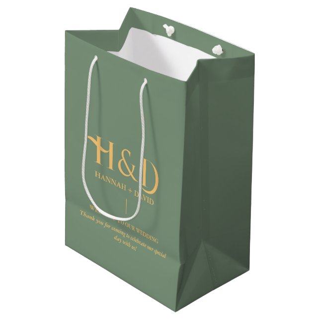 Sage green & Gold Monogram Wedding Welcome Guest  Medium Gift Bag (Front Angled)