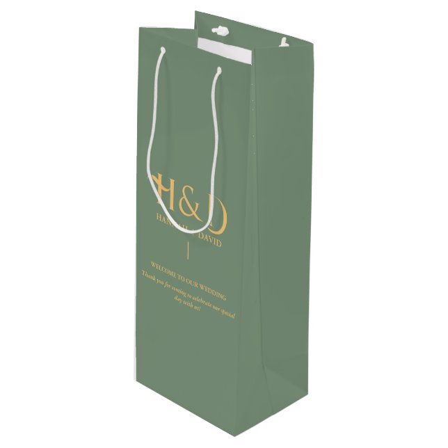 Sage green & Gold Monogram Wedding Welcome Guest  Wine Gift Bag (Front Angled)
