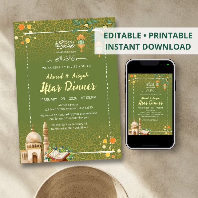 Sage Green & Gold Mosque Ramadan Iftar Invitation (Creator Uploaded)