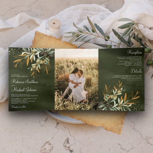 Sage Green Gold Olive Leaves Branch Photo Wedding Tri_Fold Invitation