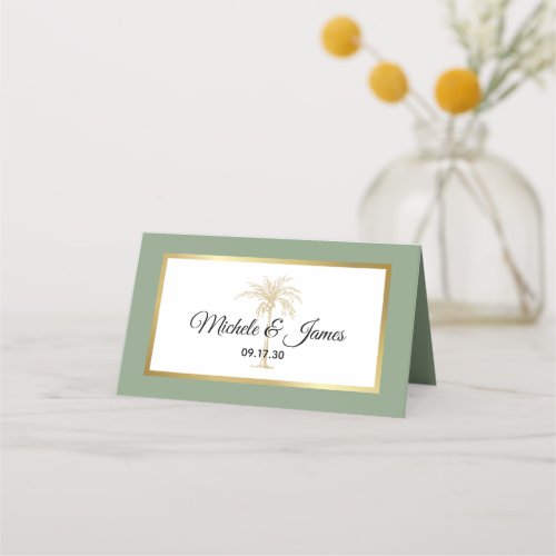 Sage Green Gold Palm Tree Modern Wedding Place Card