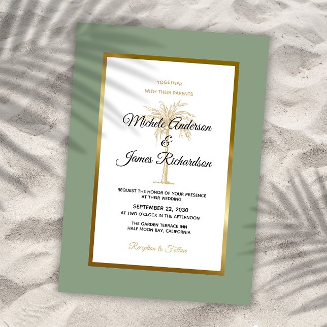 Sage Green Gold Palm Tree Tropical Beach Wedding Invitation (Sage Green Gold Palm Tree Tropical Beach Wedding Invitation)