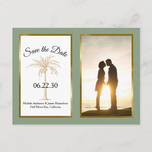 Sage Green Gold Palm Wedding Save The Date Photo Announcement Postcard