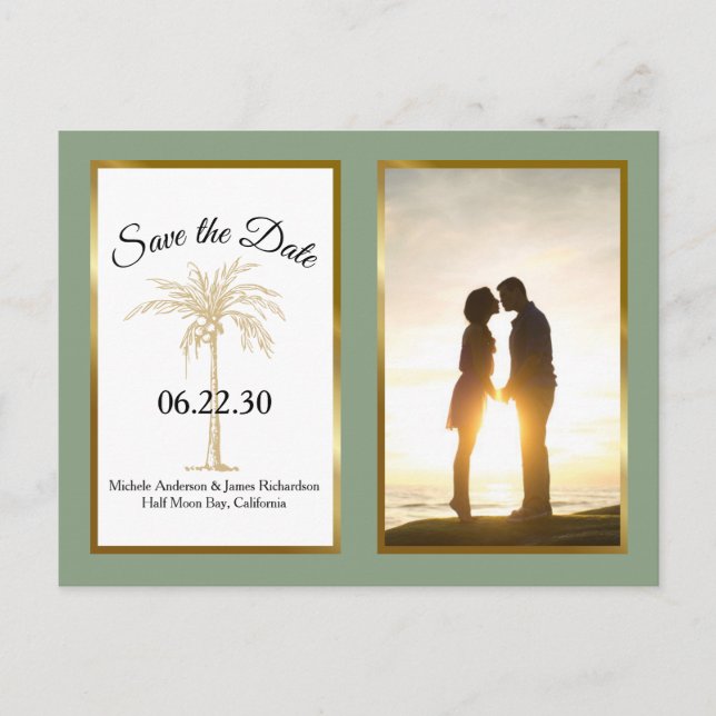Sage Green Gold Palm Wedding Save The Date Photo Announcement Postcard (Front)