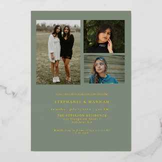 Sage Green & Gold Photo Twin Graduation Foil Invitation