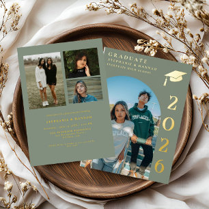 Sage Green & Gold Photo Twin Graduation  Foil Invitation