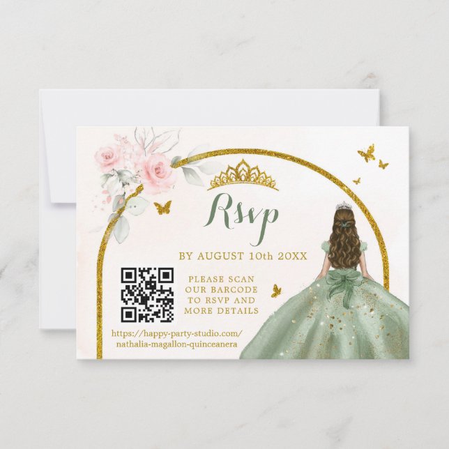 Sage Green Gold Princess Butterfly Mis Quince QR RSVP Card (Front)