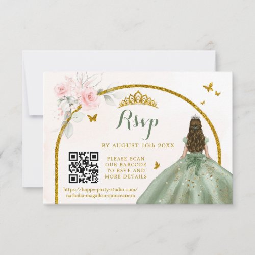 Sage Green Gold Princess Butterfly Mis Quince QR RSVP Card