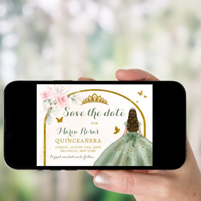 Sage Green Gold Princess Butterfly Quinceañera Invitation (Front Digital)