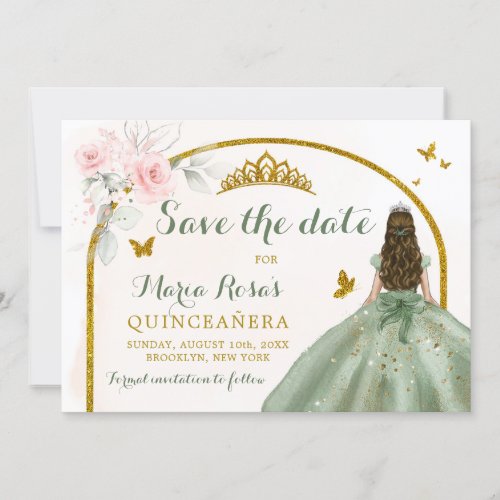 Sage Green Gold Princess Butterfly Quinceaera Invitation