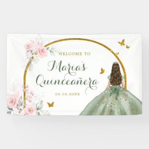 Sage Green Gold Princess Quinceaera Butterfly Banner