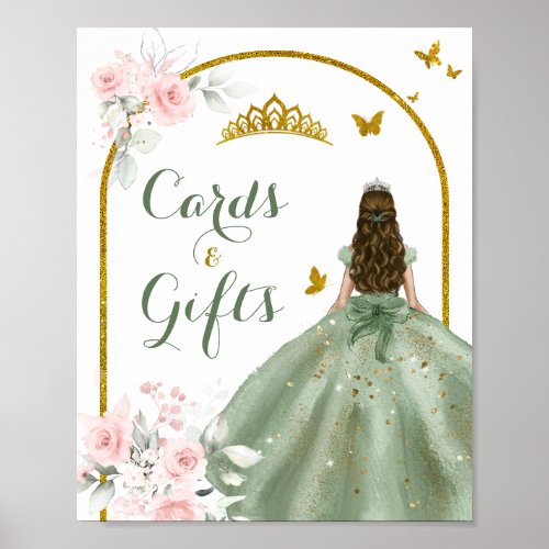 Sage Green Gold Princess Quinceaera Card  Gifts Poster