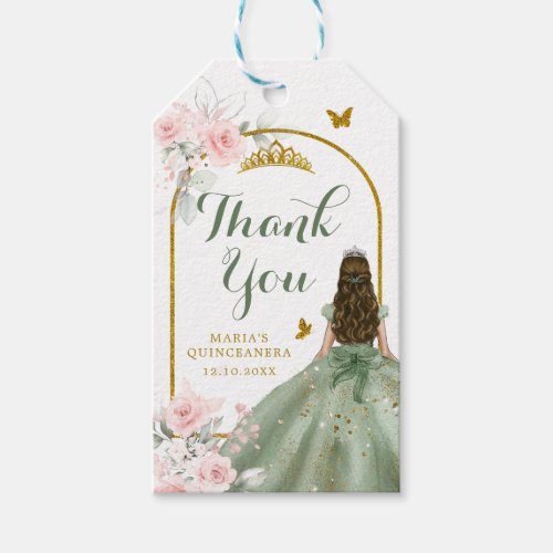 Sage Green Gold Princess Quinceaera Thank You Gift Tags