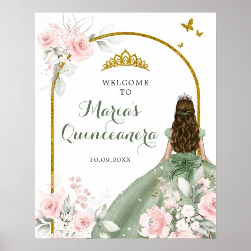 Sage Green Gold Princess Quinceanera Welcome Poster