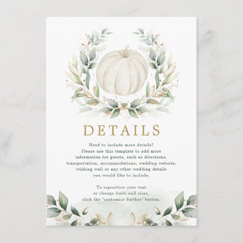 Sage Green Gold Pumpkin Greenery Wedding Details Enclosure Card