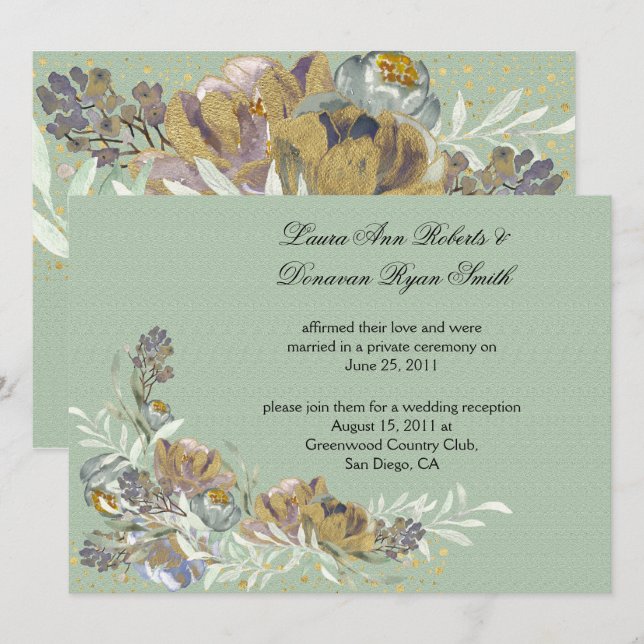 Sage Green Gold Purple Floral Reception Only Invitation (Front/Back)