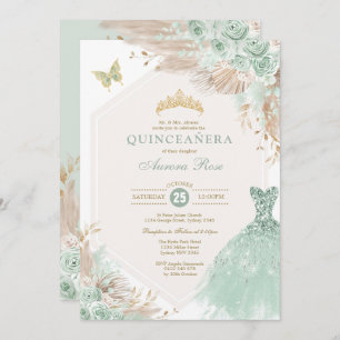 Sage Green Gold Quinceañera Boho Floral Birthday Invitation
