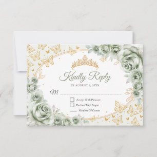 Sage Green Gold Quinceanera Reply RSVP Card