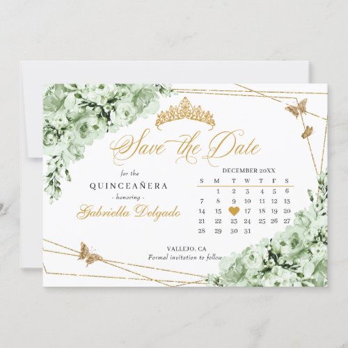 Sage Green  Gold Quinceaera Save The Date Invitation