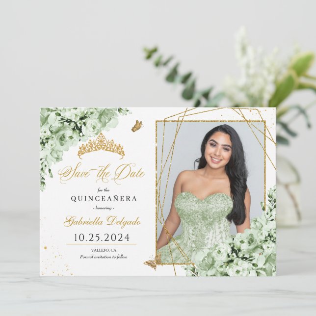 Sage Green & Gold Quinceañera Save The Date Photo Invitation (Standing Front)