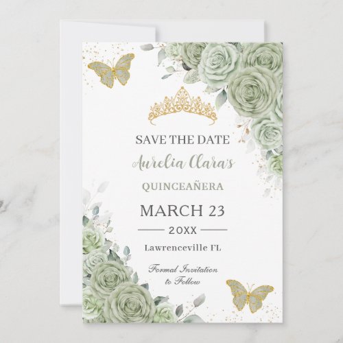 Sage Green Gold Quinceanera Sweet 16 Butterflies Save The Date