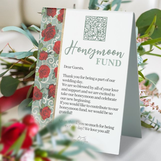   Sage Green Gold Red Roses QR Code Honeymoon Fund Table Tent (Creator Uploaded)