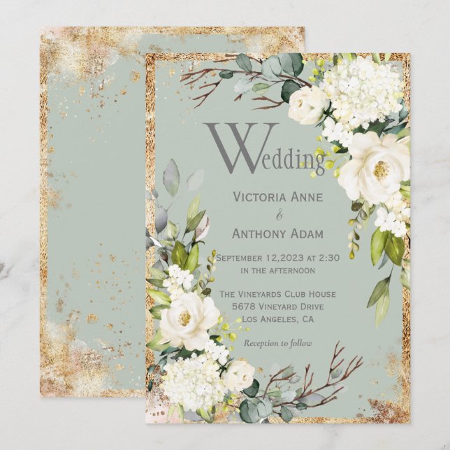 Sage Green Gold Rustic Floral Wedding Invitation (Front/Back)