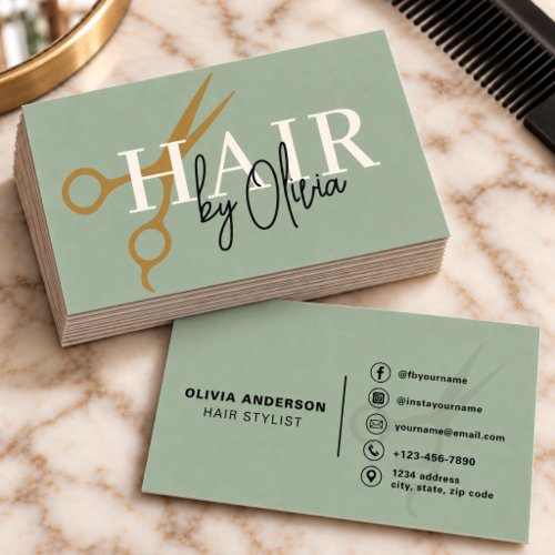 Sage Green Gold Scissors Hair Stylist Business Card