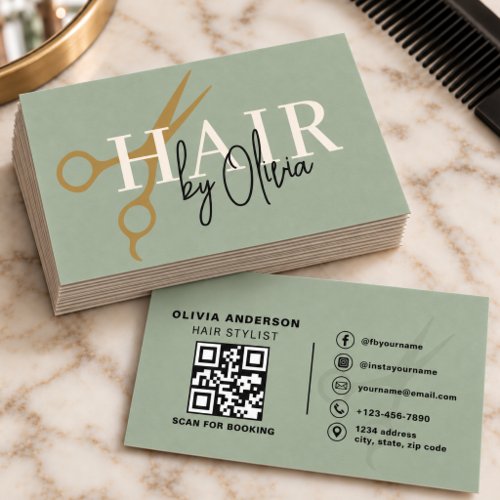 Sage Green Gold Scissors QR Code Hair Stylist Business Card