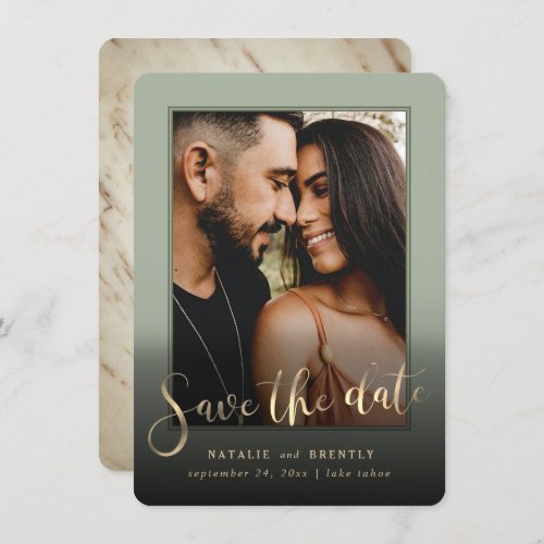 Sage Green Gold Script  Marble Photo Overlay Save The Date