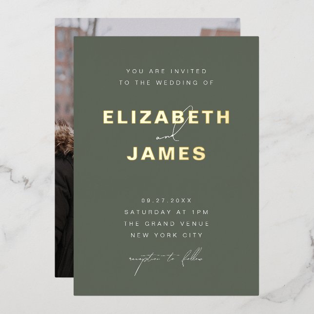 Sage Green & Gold Simple Modern Minimalist Wedding Foil Invitation (Front/Back)