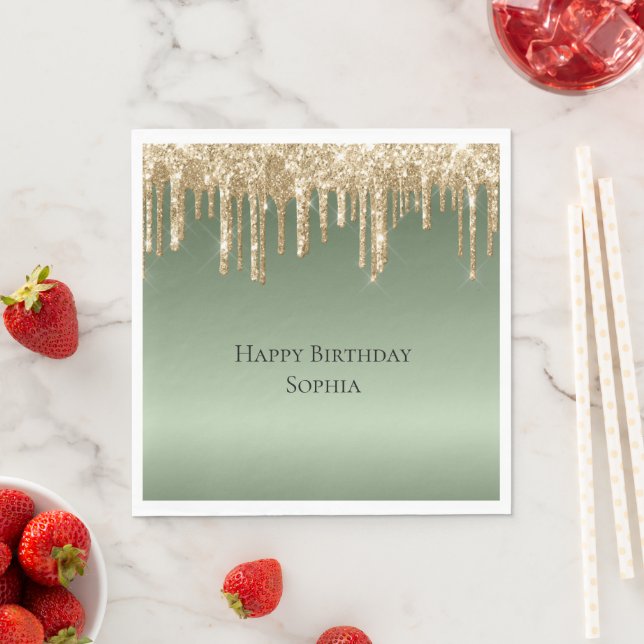 Sage Green Gold Sparkle Glitter Drips Birthday Napkins (Insitu)