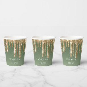 Sage Green Gold Sparkle Glitter Drips Birthday Paper Cups