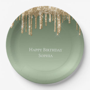 Sage Green Gold Sparkle Glitter Drips Birthday Paper Plates
